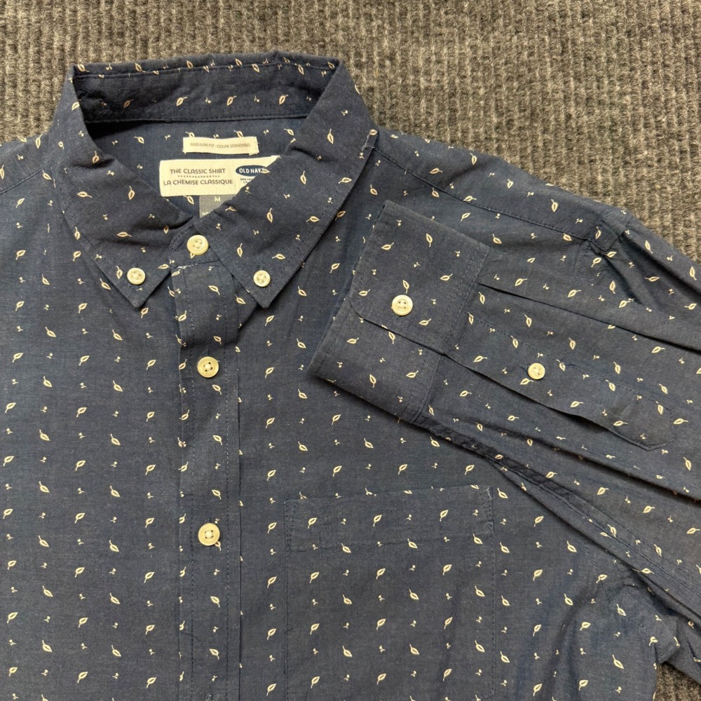 Old Navy Leaf Print Button Down Shirt Mens M Blue Long Sleeve Regular Fit